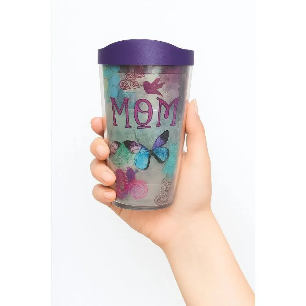 Tervis Mom 16 oz Travel Tumbler Cup Mug Floral Butterfly Purple BPA FREE PLASTIC